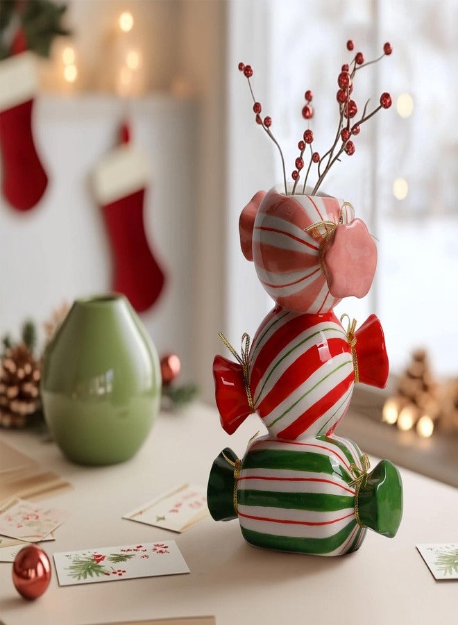 DIF DECO Unique Ceramic Vase,Candy Shape Aesthetic Vase Cute Christmas Decorative Flower Vase 9.88 Inch Modern Funny Vase for Home/Holiday/Weddings/Party Table Flower Decor - Image 3